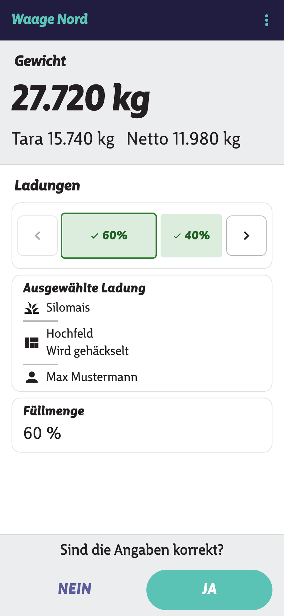 TFS App: Wiegung an der Waage Nord mit Ladungen und Bestätigung